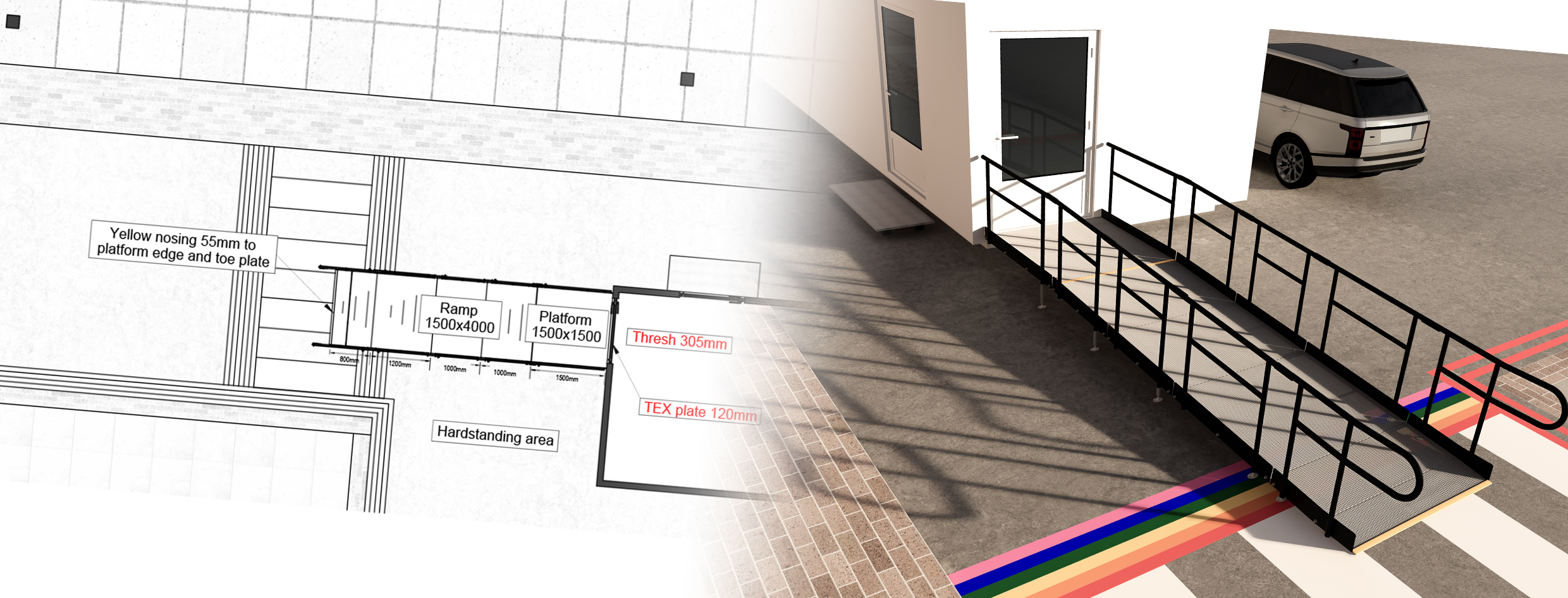 This image is split into 2 images. on the left it is a line drawing of a plan where you can see the ramp is drawn out with the buildings around it. On the right is a 3D rendered image of the ramp. It is in a parking lot and is ramping up to a white modular building. The ramp has black handrails with a silver metal mesh surface.
