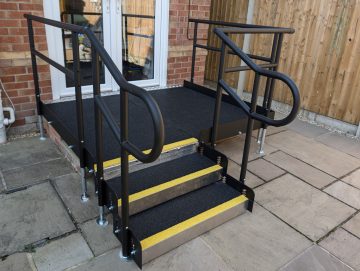Modular Step Units and platform with slip-resistant surface finish and contrasting edges, demonstrating available surface options for safer, more comfortable access at home.